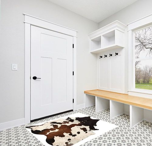 MeshNew Pure Brown Tricolor Cowhide Rug Black Brown and White Luxurious Cow Skin Tri Color (5 X 4) in White Modern Entryway