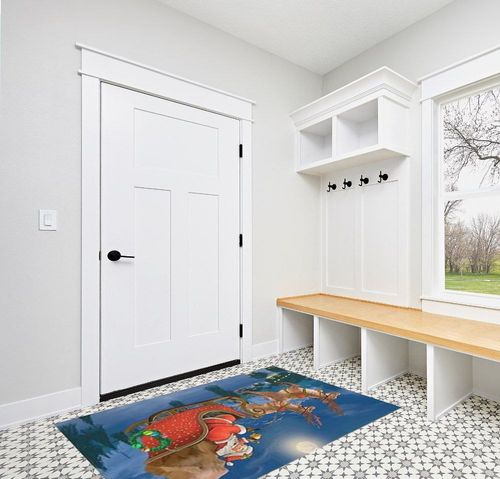 Christmas Outdoor Rug, Large Floor Mat Elk and Santa Claus Holiday Celebration Non Slip Area Rug Rubber Backing Quick Dry Clearance Carpet Camping Rugs for Garden, Lawn, Deck, Porch, 4' x 6' in White Modern Entryway