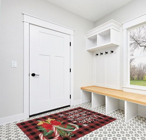 Red Black Buffalo Plaid Outdoor Camping Rug 4" x 6" - Outdoor Patio Rug Area Rug Decor, Holly Christmas Snowflakes Water Absorbent Large Outdoor Carpet for RV, Porch, Deck, Balcony, Picnic in White Modern Entryway