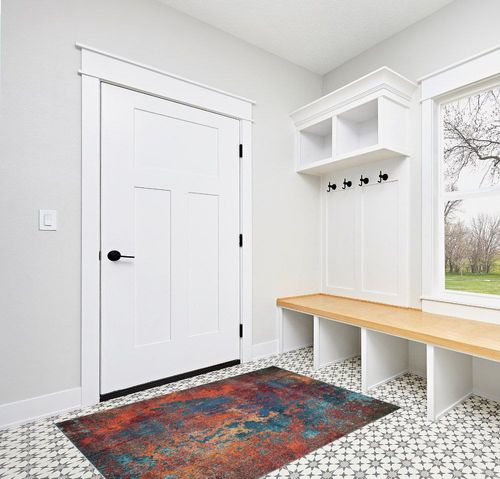 Nourison Celestial Red/Blue Atlantic 3'11" x 5'11" Area Rug, Contemporary, Abstract, Easy -Cleaning, Non Shedding, Bed Room, Living Room, Dining Room, Kitchen, (4' x 6') in White Modern Entryway