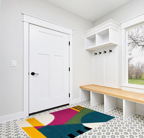 SAFAVIEH Hollywood Collection Accent Rug - 4' x 6', Peacock Blue & Fuchsia, Mid-Century Modern Design, Non-Shedding & Easy Care, Ideal for High Traffic Areas in Foyer, Living Room, Bedroom (HLW706C) in White Modern Entryway
