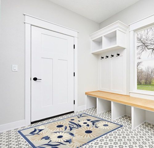 HomeRoots 4' X 6' Blue and Grey Floral Stain Resistant Non Skid Area Rug in White Modern Entryway