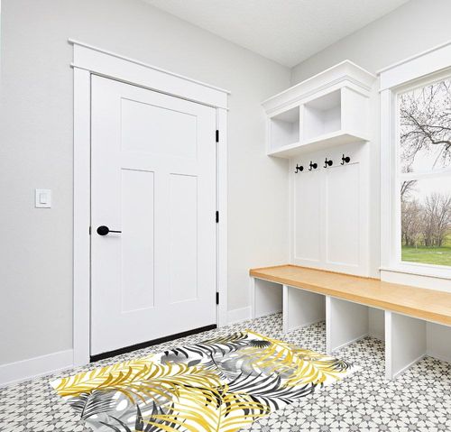 Palm Tree Leaves Area Rug,4x6ft, Tropical Jungle Grey Yellow Banana Leaf Easy Cleaning Rugs for Living Room Indoor Outdoor Dinning Room Bedroom Kitchen Office Non-Shedding White Carpets in White Modern Entryway