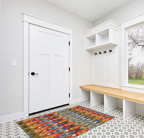 Unique Loom Outdoor Modern Collection Area Rug - Ikat (4' 1" x 6' 1" Rectangle, Multi/ Burgundy) in White Modern Entryway