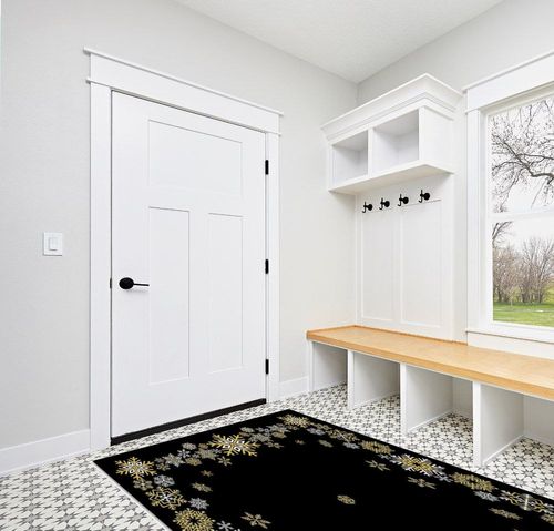 Christmas Area Rug 5 x 8, Washable Bedroom Rug Non-Slip Kitchen Rugs Non Shedding Floor Cover Mat Runner Rug for Living Room Dining Room Outdoor Carpet Winter Snowflakes Black Gold in White Modern Entryway