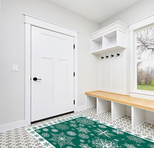 Christmas Area Rug 5 x 8, Washable Bedroom Rug Non-Slip Kitchen Rugs Non Shedding Floor Cover Mat Runner Rug for Living Room Dining Room Outdoor Carpet Seasonal Green Snowflakes Winter Xmas in White Modern Entryway