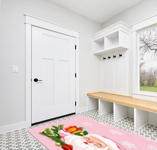 Pink Christmas Area Rug 5 x 8, Washable Bedroom Rug Non-Slip Kitchen Rugs Non Shedding Floor Cover Mat Runner Rug for Living Room Dining Room Outdoor Carpet Santa Claus Pine Needle Snowflake in White Modern Entryway