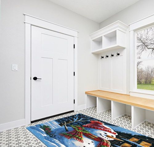 OComster Christmas Rectangle Shape Large Area Rugs - 5 x 8 Feet Xmas Snowman Red Bird Snowfield Farmhouse Winter - (Non-Woven + Rubber) Low File Floor Mat in White Modern Entryway