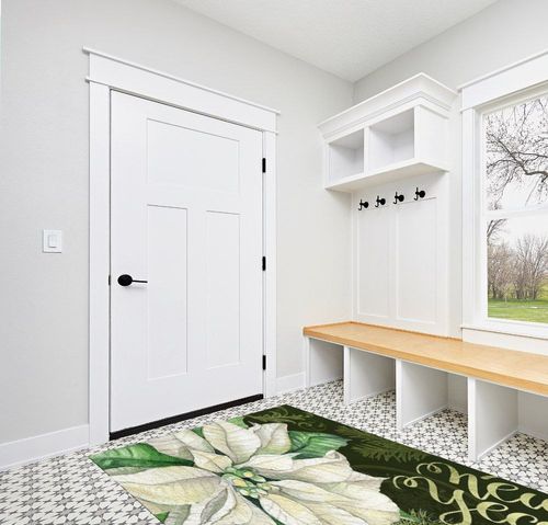OComster Merry Christmas Rectangle Shape Large Area Rugs - 5 x 8 Feet White Xmas Poinsettia Pine Needle Green Retro - (Non-Woven + Rubber) Low File Floor Mat in White Modern Entryway