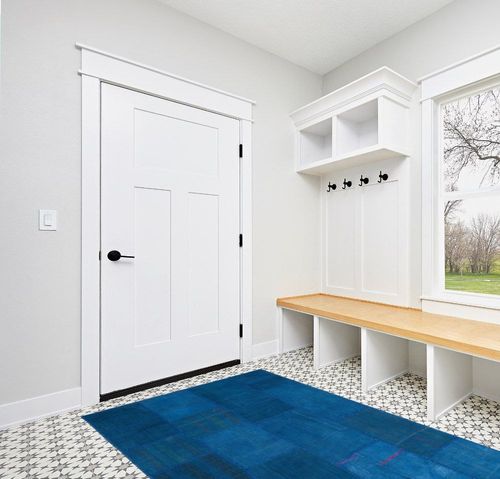 BESPOKY 5'1" x 7'7" (154x230 Cm) Teselya Blue Patchwork Wool Handmade Area Rug in White Modern Entryway