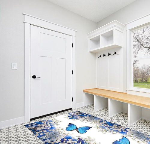 Butterfly Design Area Rug,5x8ft, Beautiful White Flowers and Blue Butterflies Pattern Rugs Retro Machine Washable Big Carpets for Living Room Boys Girls Bedroom Bathroom Dorm Playroom Art Decor in White Modern Entryway