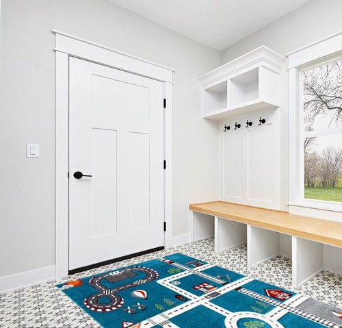SAFAVIEH Carousel Kids Collection Area Rug - 5'3" x 7'6", Turquoise & Ivory, Non-Shedding & Easy Care, Ideal for High Traffic Areas for Boys & Girls in Playroom, Nursery, Bedroom (CRK192K) in White Modern Entryway