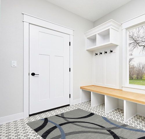 HomeRoots 5' X 7' Ivory Blue and Gray Geometric Area Rug in White Modern Entryway