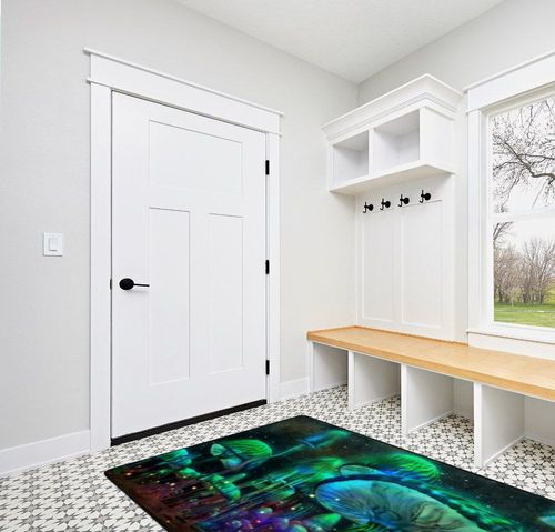 EEIVEUN Green Forest Luminous Mushrooms 5x7' Area Rugs, Indoor Living Room Floor Carpet for Dining Room Kitchen Garden Nursery, Washable Rug Yoga Mat for Office Bedroom Home Decor in White Modern Entryway