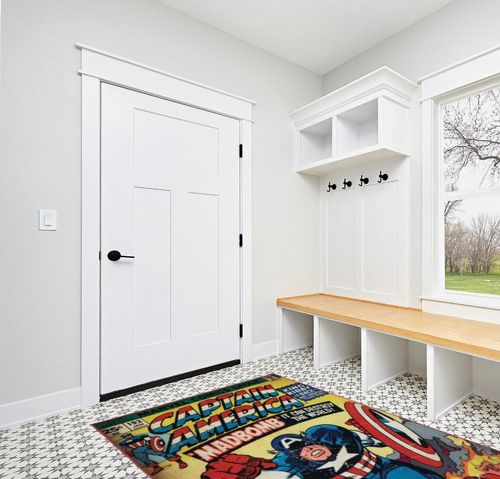 AB 4'6x6'6 Kids Blue Red White Captain America Area Rug Rectangle Shaped, Indoor Yellow Marvel Comics Carpet for Bedroom Superhero Floor Mat Avengers Shield Hero USA Cartoon Graphic, Polyester in White Modern Entryway