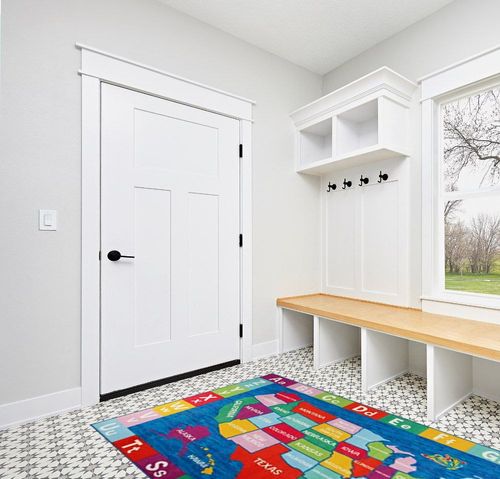 Eric Carle Elementary USA Map Kids Machine Washable Area Rug Blue/Red, 4'11"x6'6" in White Modern Entryway