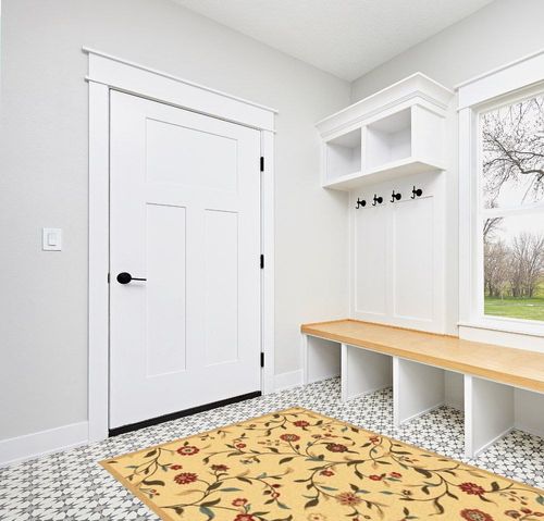 Ottomanson Ottohome Collection Non-Slip Rubberback Floral Leaves Design 5x7 Indoor Area Rug, 5' x 6'6", Beige in White Modern Entryway