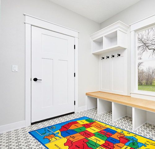 Kids Rug USA Map Area Rug 5x7 (Approx : 4'11" X 6' 10") Non Slip Gel Backing in White Modern Entryway