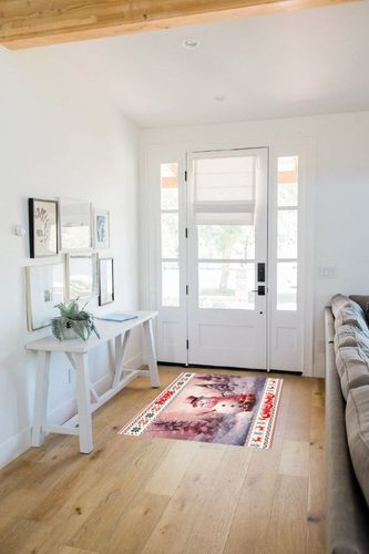 Christmas Snowman Rectangle Shape Large Area Rugs - 2.7 x 5 Feet Pink Xmas Winter Snowflake Geometric - (Non-Woven + Rubber) Low File Floor Mat in White Scandinavian Entryway