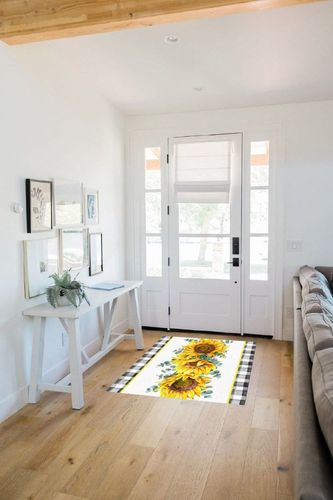 Large Area Rug, Sunflower Non-Slip Indoor Accent Area Carpet, Spring Floral Eucalyptus Leaves Black White Plaid Fluffy Shaggy Runner Rug for Living Room, Bedroom, Kids Room, 2'7"x 5" in White Scandinavian Entryway