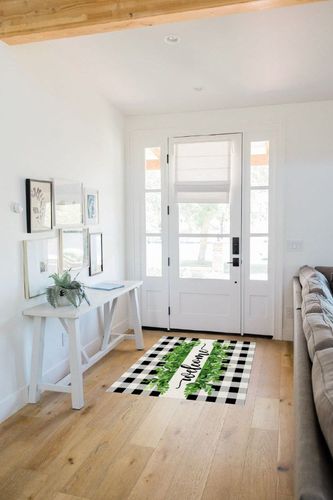 Large Area Rug, Summer Botanical Non-Slip Indoor Accent Area Carpet, Welcome Black White Plaid Green Leaf Fluffy Shaggy Runner Rug for Living Room, Bedroom, Kids Room, 2'7"x 5" in White Scandinavian Entryway