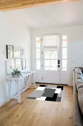 Washable Area Rug 3'x5', White Black and Gray Geometric Pattern Modern Abstract Art Soft Indoor Outdoor Floor Carpet, Non-Slip Ultra-Thin Area Rugs for Living Room/Bedroom/Kitchen Aesthetic Decor in White Scandinavian Entryway
