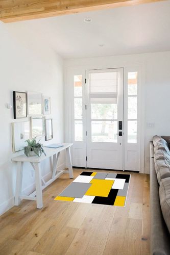 Washable Area Rug 3'x5', Yellow Black and Gray Geometric Pattern Modern Abstract Art Soft Indoor Outdoor Floor Carpet, Non-Slip Ultra-Thin Area Rugs for Living Room/Bedroom/Kitchen Aesthetic Decor in White Scandinavian Entryway