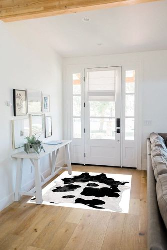 Black and White Cowhide Rug Natural Cow Skin Cow Hide Leather Area Rug Hair On, 5 ft X 4 ft Premium Black White Shed Free Natural Hide in White Scandinavian Entryway
