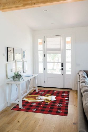 Christmas Red Black Plaid Area Rug 4' x 6', Outdoor Rugs for Patio Rug Carpet for Sofa Living Room Bedroom, Large Floor Mat and Rug for RV, Backyard, Deck, Picnic, Cattle with Xmas Hat in White Scandinavian Entryway