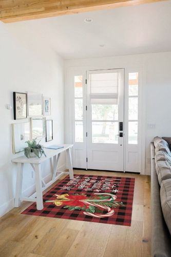 Red Black Buffalo Plaid Outdoor Camping Rug 4" x 6" - Outdoor Patio Rug Area Rug Decor, Holly Christmas Snowflakes Water Absorbent Large Outdoor Carpet for RV, Porch, Deck, Balcony, Picnic in White Scandinavian Entryway