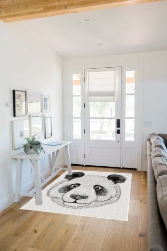 Ambesonne Animal Area Rug, Panda Fluffy Fat Hand Drawn Illustration Artwork, Flat Woven Accent Rug for Living Room Bedroom Dining Room, 4' X 5' 7", Black White and Lime Green in White Scandinavian Entryway