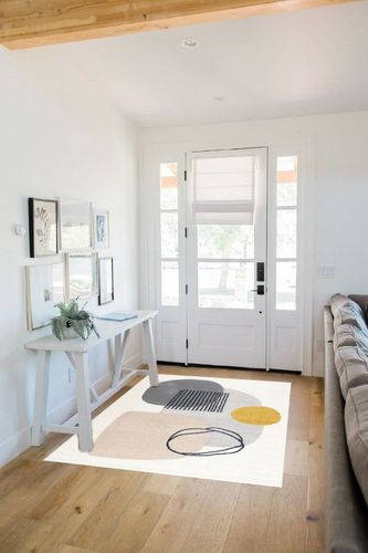 Abani Rugs Cream and Gray 4 ft. X 6 ft. Mid-Century Rug with Circles and Lines. Neutral Tones of Cream, Gray and a pop of Yellow. Minimalistic Design Turkish Stain Resistant Area Rug. in White Scandinavian Entryway