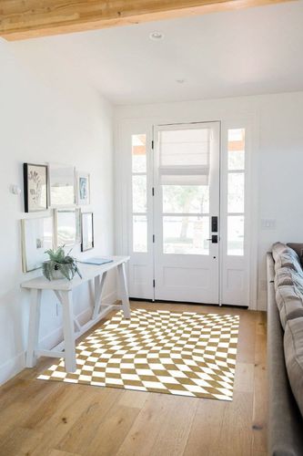 Beige and White Buffalo Plaid Checkered Area Rug for Living Room 4x6 Funky 70s Game Room Throw Rugs Wavy Checkered Rug Premium Shag Dining Room Carpet Big Dorm Apartment Mat in White Scandinavian Entryway
