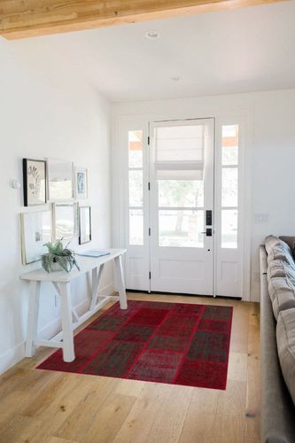 BESPOKY 3'11" x 5'11" (120x180 Cm) Iskece Red Vintage Wool Handmade Area Rug in White Scandinavian Entryway