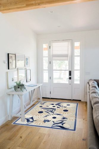 HomeRoots 4' X 6' Blue and Grey Floral Stain Resistant Non Skid Area Rug in White Scandinavian Entryway