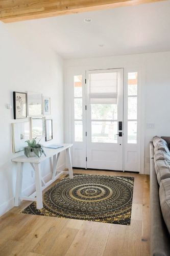 Mandala Area Rug, 4x6ft, Retro Classic Black Gold and Blue Mandala Boho Large Area Carpets Non-Slip Washable Living Room Home Decor Floor Mats Suitable for Nursery Student's Dorm Dining Room Rugs in White Scandinavian Entryway