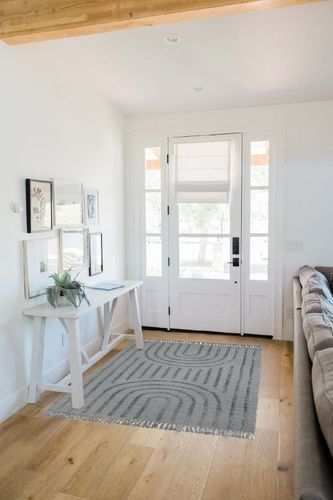 Lanffia Boho Rainbow Area Rug 4' x 6'，Washable Cotton Living Room Rug, Woven Tufted Bedroom Rug with Tassels, Farmhouse Indoor Floor Carpet for Entryway Kitchen Porch Dorm, Grey in White Scandinavian Entryway