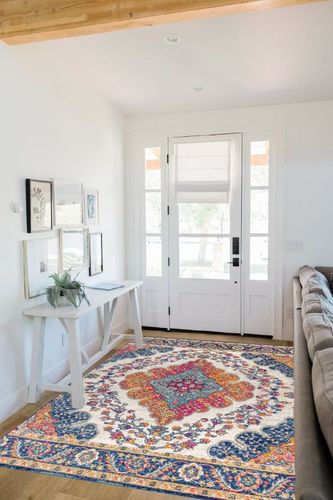 Blue/Multi Bohemian FLAIR Boho Vintage Traditional Non Slip Rug in White Scandinavian Entryway