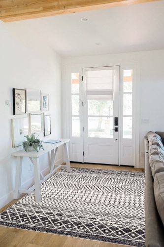 Black Moroccan Stain Resistant, Pet friendly Living Room Area Rug in White Scandinavian Entryway