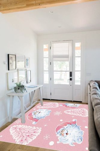 Pink Christmas Area Rug 5 x 8, Washable Bedroom Rug Non-Slip Kitchen Rugs Non Shedding Floor Cover Mat Runner Rug for Living Room Dining Room Outdoor Carpet Snowflake Xmas Tree Santa Claus in White Scandinavian Entryway