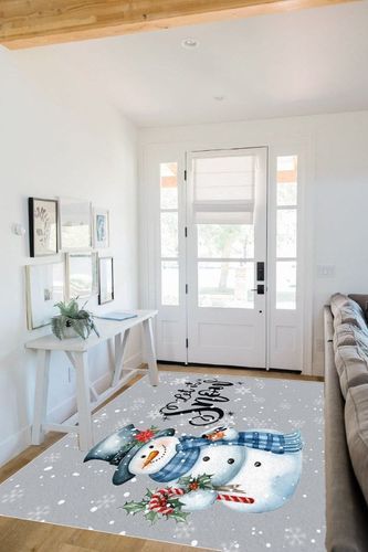 5' x 8' Area Rug, Christmas Non-Skid Rubber Backing Large Rectangle Rugs - Living Room Bedroom Home Office Xmas Snowman Bird Berry White Snowflake Grey Indoor Floor Mat Carpets in White Scandinavian Entryway