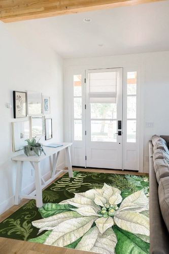 OComster Merry Christmas Rectangle Shape Large Area Rugs - 5 x 8 Feet White Xmas Poinsettia Pine Needle Green Retro - (Non-Woven + Rubber) Low File Floor Mat in White Scandinavian Entryway