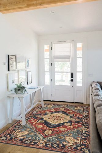 SAFAVIEH Heritage Collection Area Rug - 5' x 8', Red & Navy, Handmade Traditional Oriental Wool, Ideal for High Traffic Areas in Living Room, Bedroom (HG920Q) in White Scandinavian Entryway