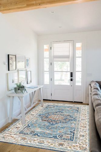VK VK·LIVING Washable Rug, 5'x7' Stain Resistant Washable Rug, Machine Washable Rug with Non-Slip,Vintage Bohemian Area Rug for Living Room Bedroom Dining Home Office Area Rug (Blue, 5'x7') in White Scandinavian Entryway