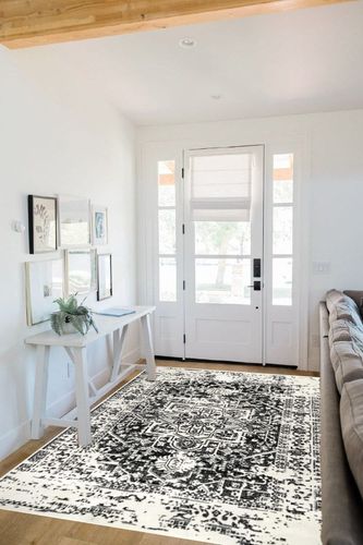 nuLOOM Jordana Vintage Distressed Medallion Area Rug, 5x8, Black and White in White Scandinavian Entryway
