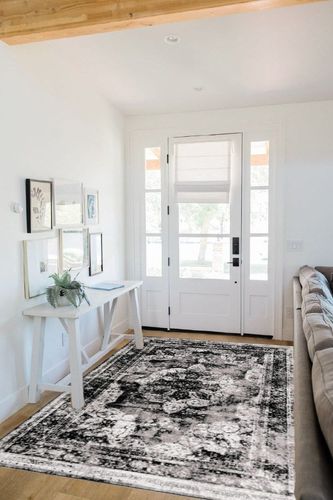 Unique Loom Sofia Collection Area Rug - Salle Garnier (5' 3" x 8' Rectangle, Black/ Ivory) in White Scandinavian Entryway