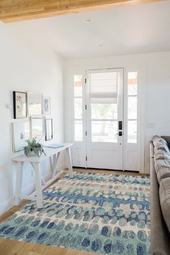 Dash and Albert Paint Chip Blue Hand Micro Hooked Wool Rug, 5 X 8 Feet, Blue/Green Geometric Pattern in White Scandinavian Entryway