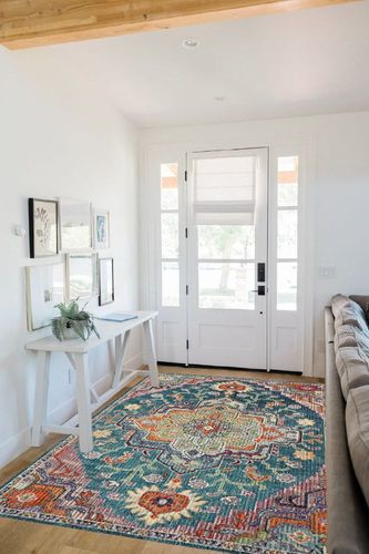 SAFAVIEH Crystal Collection Area Rug - 5' x 8', Teal & Rose, Medallion Distressed Design, Non-Shedding & Easy Care, Ideal for High Traffic Areas in Living Room, Bedroom (CRS501T) in White Scandinavian Entryway