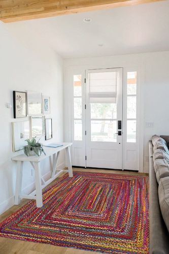 SAFAVIEH Braided Collection Area Rug - 5' x 8', Red & Multi, Handmade Boho Reversible Cotton, Ideal for High Traffic Areas in Living Room, Bedroom (BRD210A) in White Scandinavian Entryway