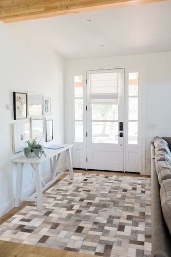 USA RUG Cowhide Grey Patchwork Home Decorative Living Room Area Rug Hand Made Cow Leather Hair (2.6x8' Runner) in White Scandinavian Entryway